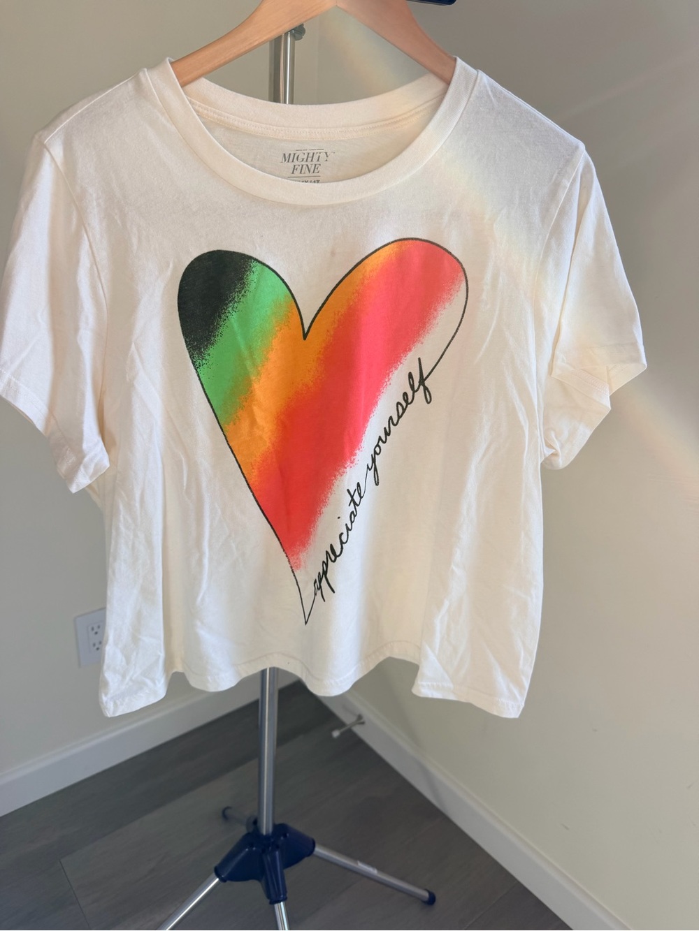 Mighty Fine White Tee with Rainbow Heart Graphic “appreciate yourself” 1X